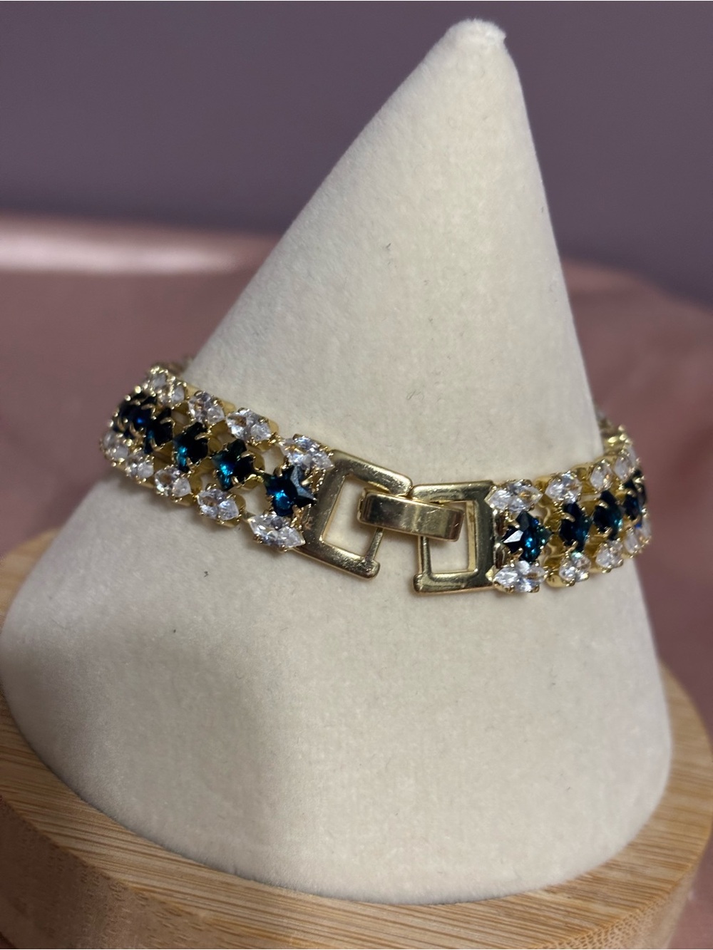 Gold Bracelet with Dark Blue and Clear Stones - Picture 2 of 3